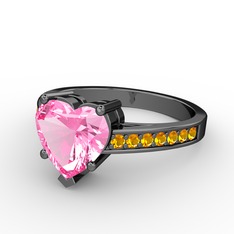 Lovie Kalp Tektaş Yüzük - Pembe kuvars ve sitrin 925 ayar siyah rodyum kaplama gümüş yüzük #3jjgzk