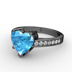 Lovie Kalp Tektaş Yüzük - Akuamarin ve beyaz zirkon 925 ayar siyah rodyum kaplama gümüş yüzük #3qbrv2