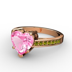 Lovie Kalp Tektaş Yüzük - Pembe kuvars ve peridot 14 ayar rose altın yüzük #44rbct