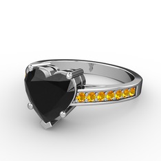 Lovie Kalp Tektaş Yüzük - Siyah zirkon ve sitrin 18 ayar beyaz altın yüzük #46b55d