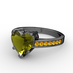 Lovie Kalp Tektaş Yüzük - Peridot ve sitrin 925 ayar siyah rodyum kaplama gümüş yüzük #7xfcuk