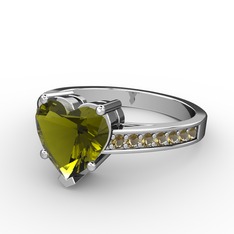 Peridot ve dumanlı kuvars 14 ayar beyaz altın yüzük