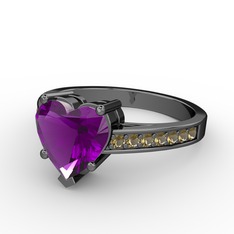 Lovie Kalp Tektaş Yüzük - Ametist ve dumanlı kuvars 925 ayar siyah rodyum kaplama gümüş yüzük #cn6ult
