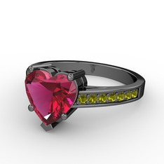 Lovie Kalp Tektaş Yüzük - Rodolit garnet ve peridot 925 ayar siyah rodyum kaplama gümüş yüzük #feuv1l