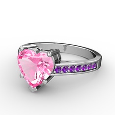 Lovie Kalp Tektaş Yüzük - Pembe kuvars ve ametist 14 ayar beyaz altın yüzük #fgf3ps