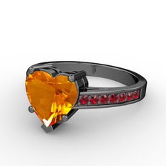 Lovie Kalp Tektaş Yüzük - Sitrin ve garnet 925 ayar siyah rodyum kaplama gümüş yüzük #gpg862
