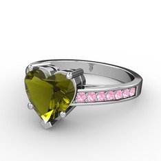 Peridot ve pembe kuvars 14 ayar beyaz altın yüzük