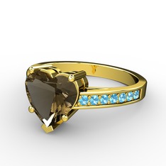 Lovie Kalp Tektaş Yüzük - Dumanlı kuvars ve akuamarin 8 ayar altın yüzük #k6czzt