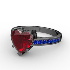 Lovie Kalp Tektaş Yüzük - Garnet ve lab safir 925 ayar siyah rodyum kaplama gümüş yüzük #lgrj65