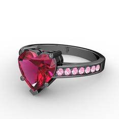 Lovie Kalp Tektaş Yüzük - Rodolit garnet ve pembe kuvars 925 ayar siyah rodyum kaplama gümüş yüzük #qxvi3j