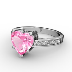 Lovie Kalp Tektaş Yüzük - Pembe kuvars ve pırlanta 14 ayar beyaz altın yüzük (0.21 karat) #tkm68h