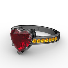 Lovie Kalp Tektaş Yüzük - Garnet ve sitrin 925 ayar siyah rodyum kaplama gümüş yüzük #udzpfp