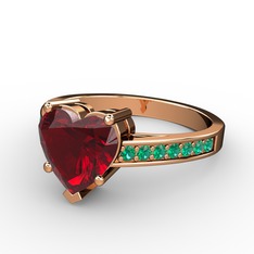 Lovie Kalp Tektaş Yüzük - Garnet ve yeşil kuvars 18 ayar rose altın yüzük #v65iks