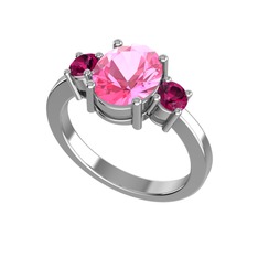 Tria Carita Yüzük - Pembe kuvars ve rodolit garnet 14 ayar beyaz altın yüzük #1100xw2