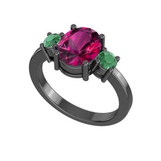 Tria Carita Yüzük - Rodolit garnet ve kök zümrüt 925 ayar siyah rodyum kaplama gümüş yüzük #116y8qo