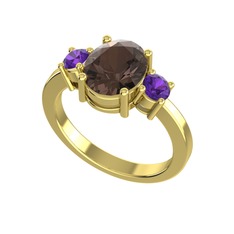 Tria Carita Yüzük - Dumanlı kuvars ve ametist 18 ayar altın yüzük #11kezzq