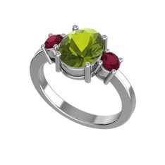Peridot ve kök yakut 14 ayar beyaz altın yüzük
