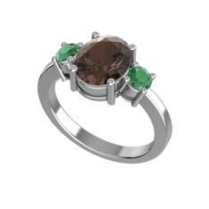 Tria Carita Yüzük - Dumanlı kuvars ve kök zümrüt 18 ayar beyaz altın yüzük #15rnfj0