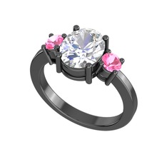 Beyaz zirkon ve pembe kuvars 925 ayar siyah rodyum kaplama gümüş yüzük