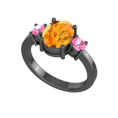 Sitrin ve pembe kuvars 925 ayar siyah rodyum kaplama gümüş yüzük