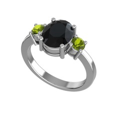 Tria Carita Yüzük - Siyah zirkon ve peridot 14 ayar beyaz altın yüzük #1yqj5b6