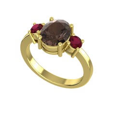 Tria Carita Yüzük - Dumanlı kuvars ve kök yakut 14 ayar altın yüzük #3l0x0z