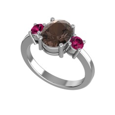 Dumanlı kuvars ve rodolit garnet 18 ayar beyaz altın yüzük