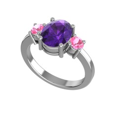 Tria Carita Yüzük - Ametist ve pembe kuvars 14 ayar beyaz altın yüzük #c6t6mn