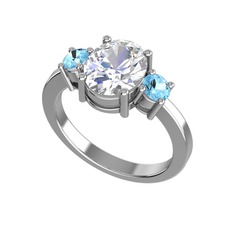 Tria Carita Yüzük - Beyaz zirkon ve akuamarin 8 ayar beyaz altın yüzük #cdx062