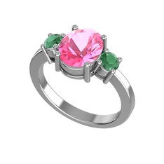 Pembe kuvars ve kök zümrüt 14 ayar beyaz altın yüzük