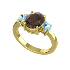 Tria Carita Yüzük - Dumanlı kuvars ve akuamarin 14 ayar altın yüzük #v872so