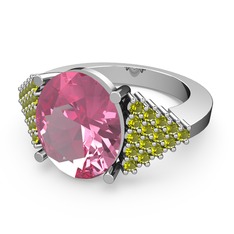 Pembe kuvars ve peridot 8 ayar beyaz altın yüzük
