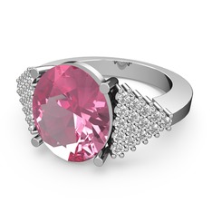 Pembe kuvars ve pırlanta 14 ayar beyaz altın yüzük (0.45 karat)