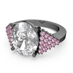 Beyaz zirkon ve pembe kuvars 925 ayar siyah rodyum kaplama gümüş yüzük