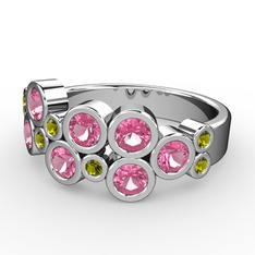 Pembe kuvars ve peridot 8 ayar beyaz altın yüzük