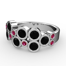 Karma Yüzük - Siyah zirkon ve rodolit garnet 14 ayar beyaz altın yüzük #13feepx