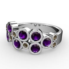 Karma Yüzük - Ametist ve dumanlı kuvars 14 ayar beyaz altın yüzük #14ymxul