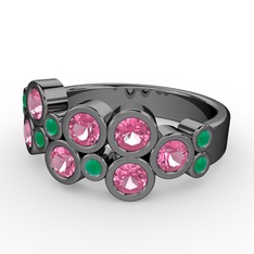 Karma Yüzük - Pembe kuvars ve kök zümrüt 925 ayar siyah rodyum kaplama gümüş yüzük #1538eic