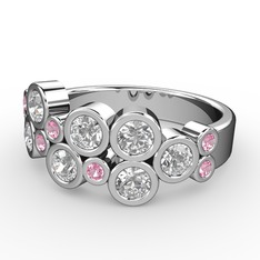 Karma Yüzük - Swarovski ve pembe kuvars 8 ayar beyaz altın yüzük #163khoh