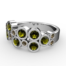 Peridot ve dumanlı kuvars 14 ayar beyaz altın yüzük