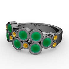 Kök zümrüt ve sitrin 925 ayar siyah rodyum kaplama gümüş yüzük