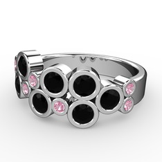 Karma Yüzük - Siyah zirkon ve pembe kuvars 18 ayar beyaz altın yüzük #1h9bt3c