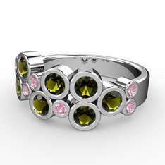 Karma Yüzük - Peridot ve pembe kuvars 18 ayar beyaz altın yüzük #1mbjaim