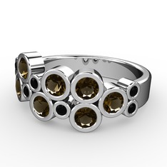 Karma Yüzük - Dumanlı kuvars ve siyah zirkon 18 ayar beyaz altın yüzük #1owys45