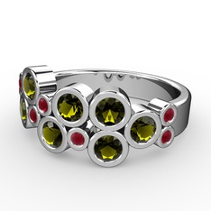 Peridot ve kök yakut 8 ayar beyaz altın yüzük