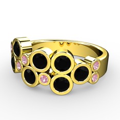 Karma Yüzük - Siyah zirkon ve pembe kuvars 18 ayar altın yüzük #1trfvxr