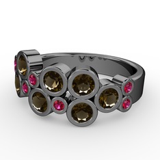 Karma Yüzük - Dumanlı kuvars ve rodolit garnet 925 ayar siyah rodyum kaplama gümüş yüzük #1yyvhjr