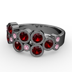 Garnet ve pembe kuvars 925 ayar siyah rodyum kaplama gümüş yüzük