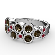 Karma Yüzük - Dumanlı kuvars ve kök yakut 14 ayar beyaz altın yüzük #7y0c0t