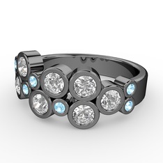 Swarovski ve akuamarin 925 ayar siyah rodyum kaplama gümüş yüzük